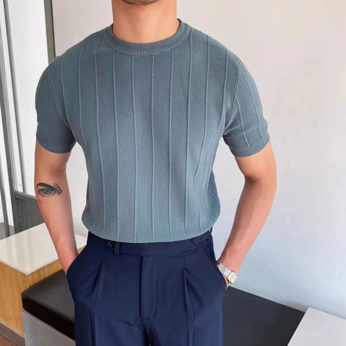 Men's Ribbed Knit Crew Neck Tee